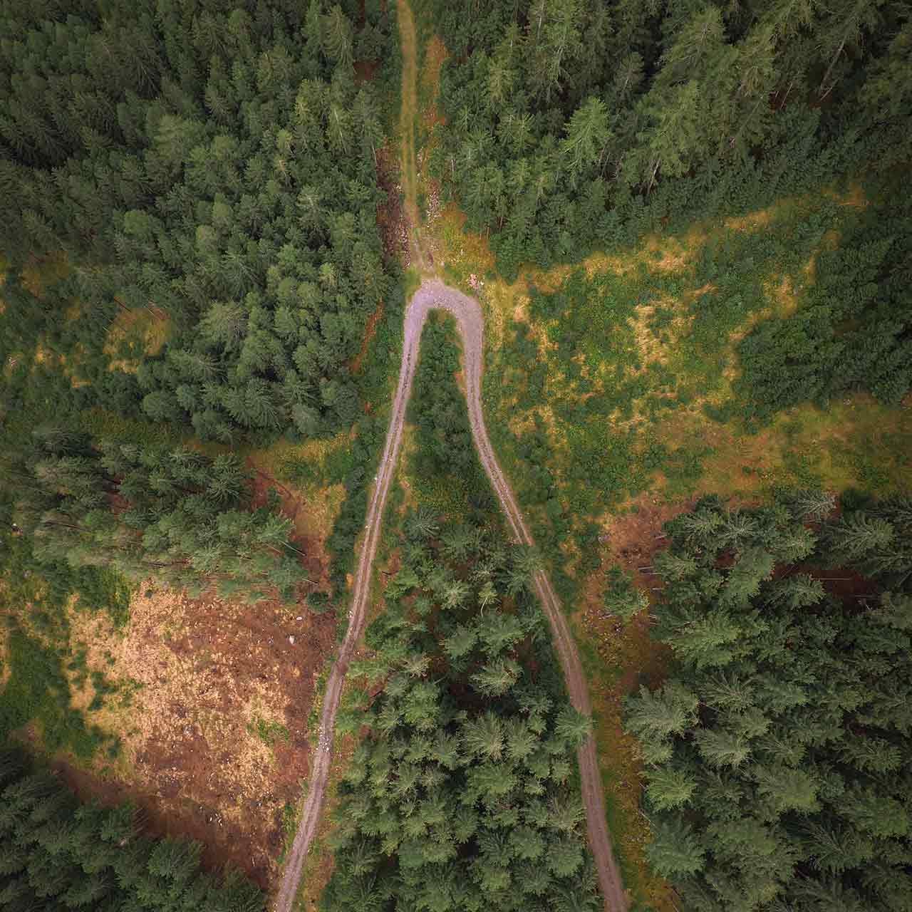 Aerial view of a bent hiking trail